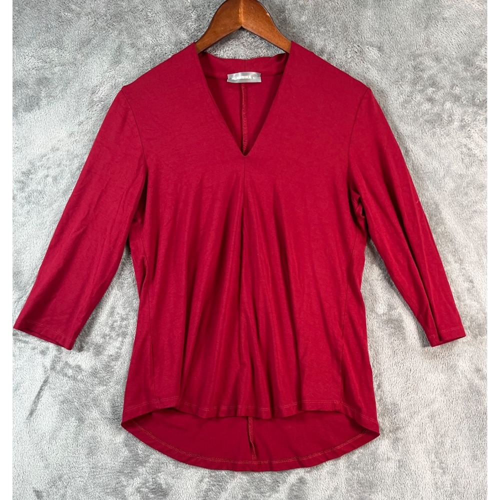 ALEMBIKA V Neck Top Womens Size 2 Medium Red Stretch Top High Low V Neck